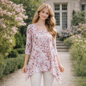 LBISSE Floral Blouse Size 2X Soft Stretch Asymmetrical Tunic Top